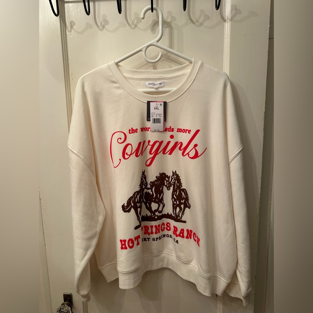 Grayson Threads Cream Crewneck with Red Script and Brown Horse Graphic